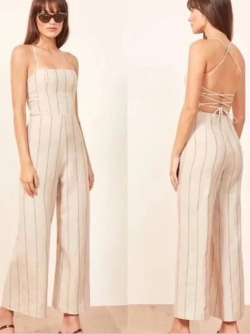 REFORMATION JAGER BEIGE LINEN STRIPED JUMPSUIT 6